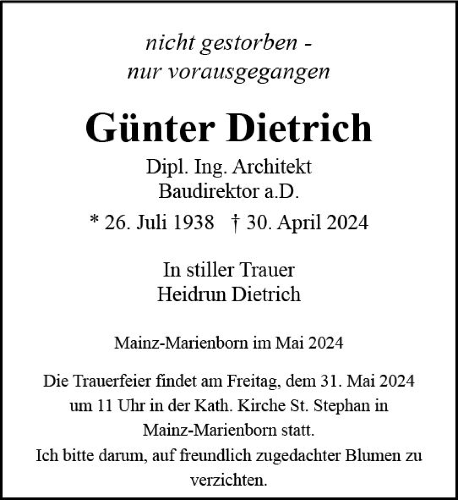  Traueranzeige für Günter Dietrich vom 25.05.2024 aus Allgemeine Zeitung Mainz