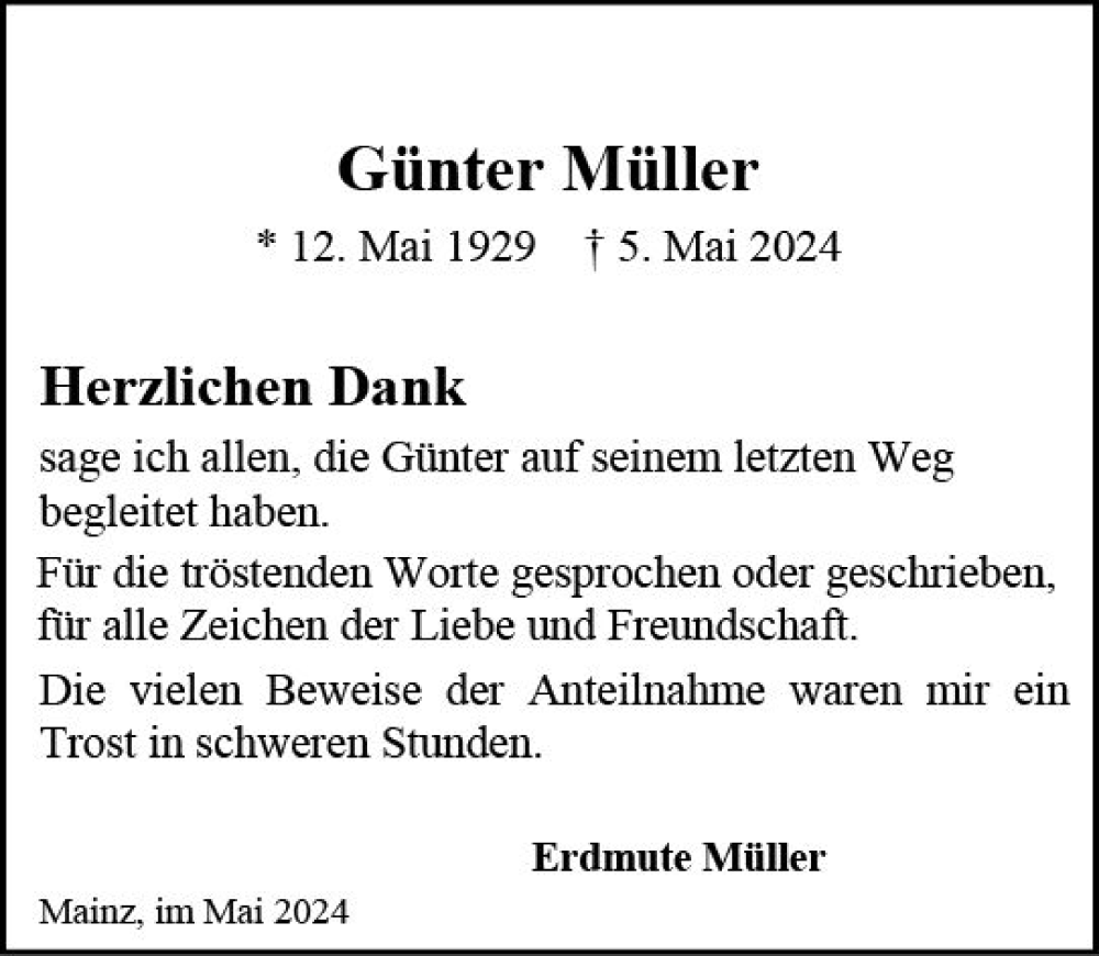  Traueranzeige für Günter Müller vom 25.05.2024 aus Allgemeine Zeitung Mainz