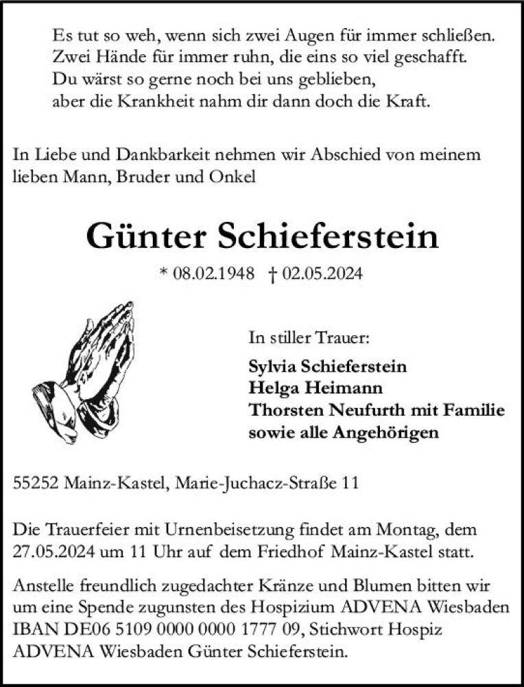  Traueranzeige für Günter Schieferstein vom 18.05.2024 aus Allgemeine Zeitung Mainz