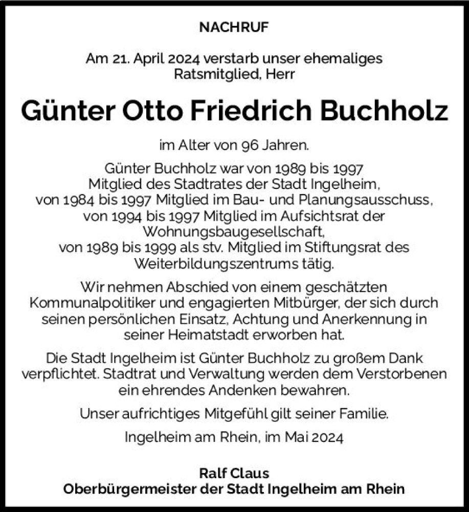  Traueranzeige für Günter Otto Friedrich Buchholz vom 11.05.2024 aus Allgemeine Zeitung Bingen/Ingelheim