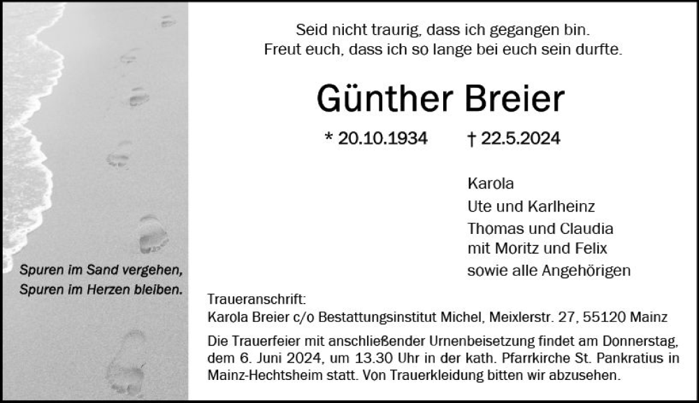  Traueranzeige für Günther Breier vom 25.05.2024 aus Allgemeine Zeitung Mainz