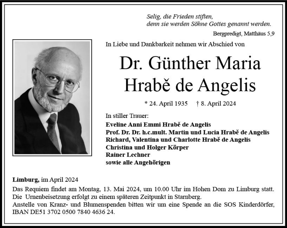  Traueranzeige für Günther Maria Hrabe der Angelis vom 04.05.2024 aus Nassauische Neue Presse