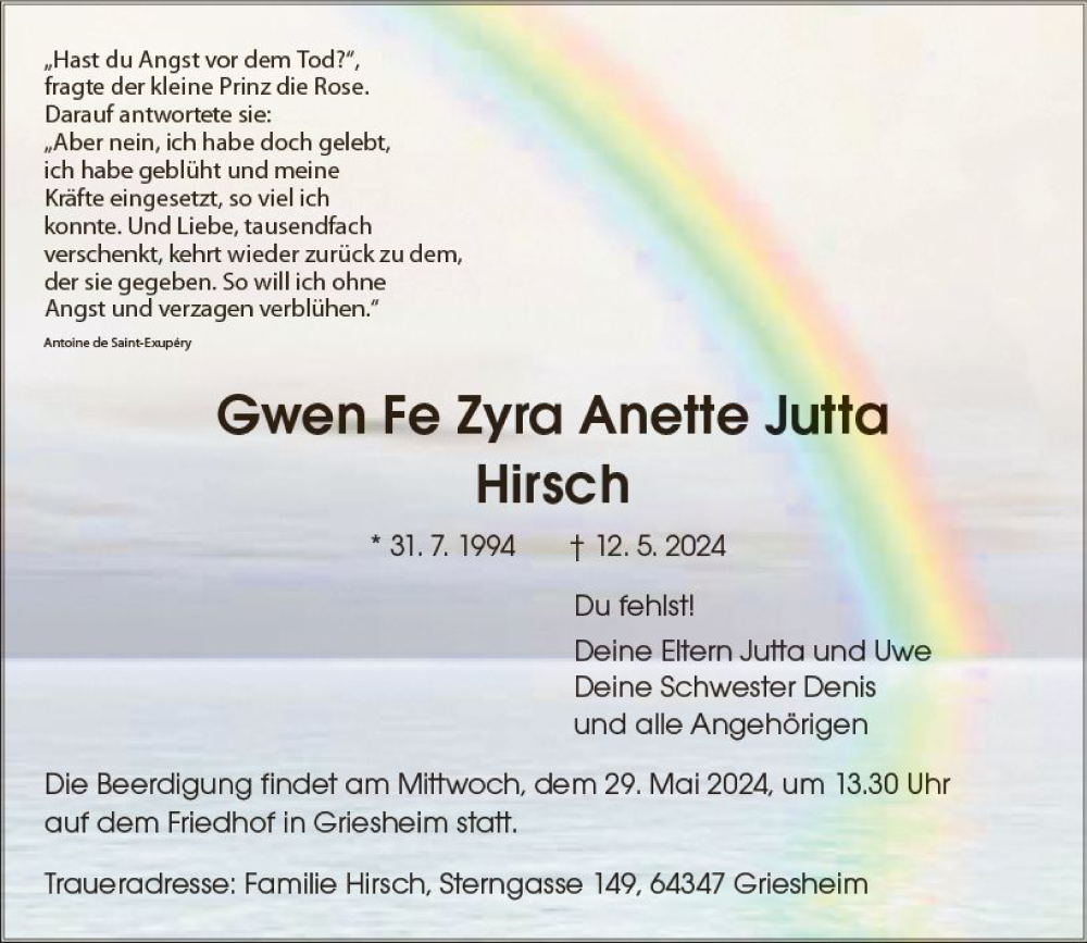  Traueranzeige für Gwen Fe Zyra Anette Jutta Hirsch vom 25.05.2024 aus Darmstädter Echo