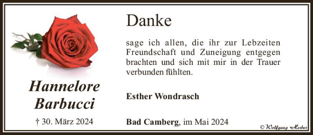  Traueranzeige für Hannelore Barbucci vom 16.05.2024 aus Camberger Anzeiger