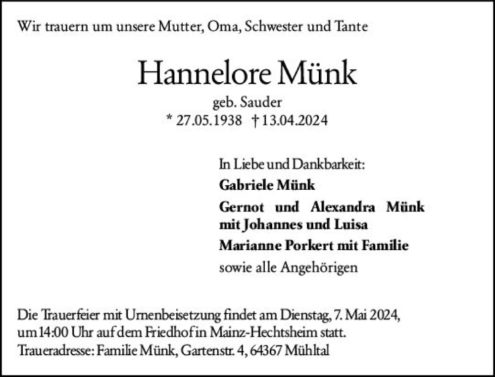  Traueranzeige für Hannelore Münk vom 04.05.2024 aus Allgemeine Zeitung Mainz
