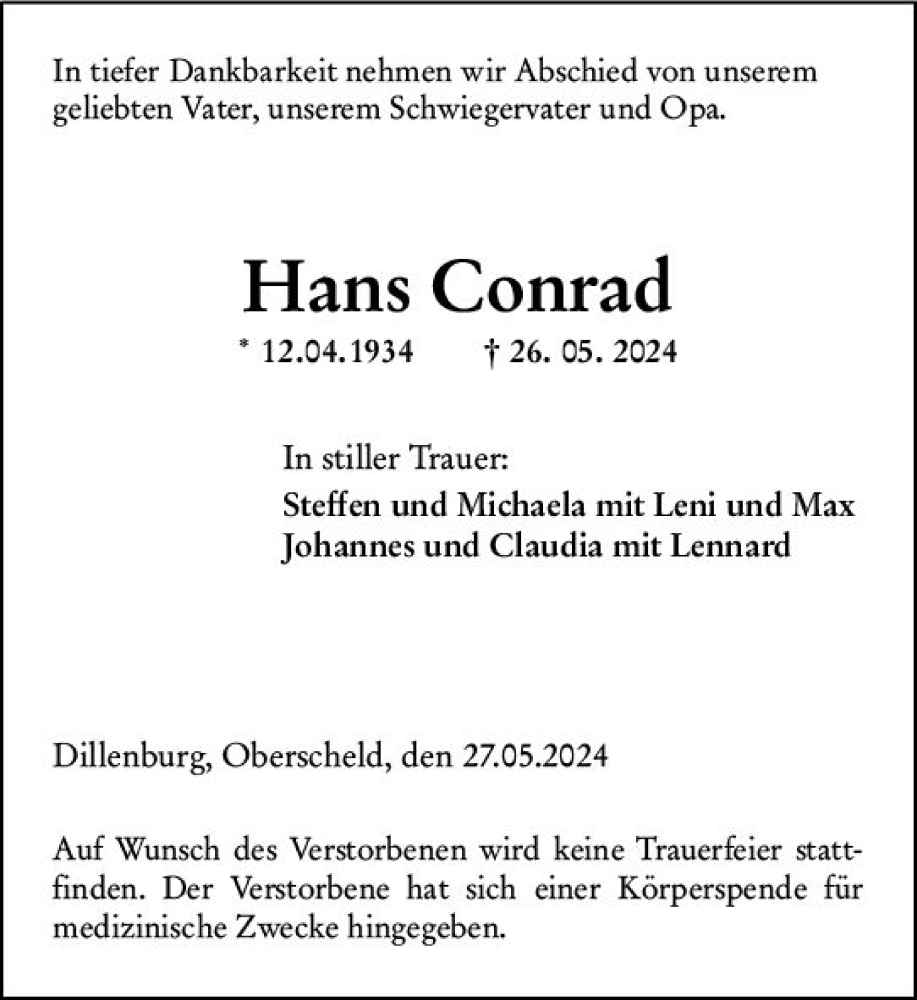  Traueranzeige für Hans Conrad vom 28.05.2024 aus Dill Block