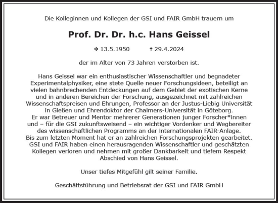 Traueranzeige von Hans Geissel von Darmstädter Echo