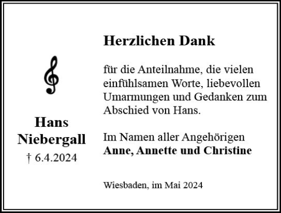 Traueranzeige von Hans Niebergall von Wiesbadener Kurier