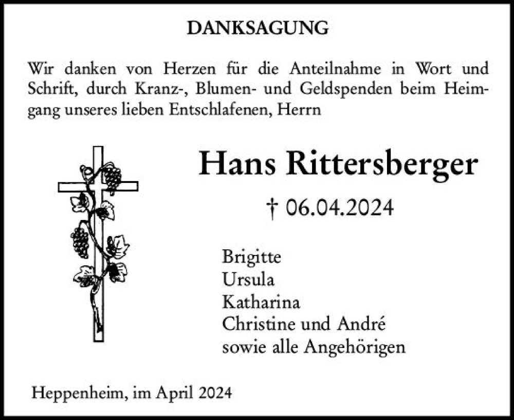  Traueranzeige für Hans Rittersberger vom 18.05.2024 aus Starkenburger Echo