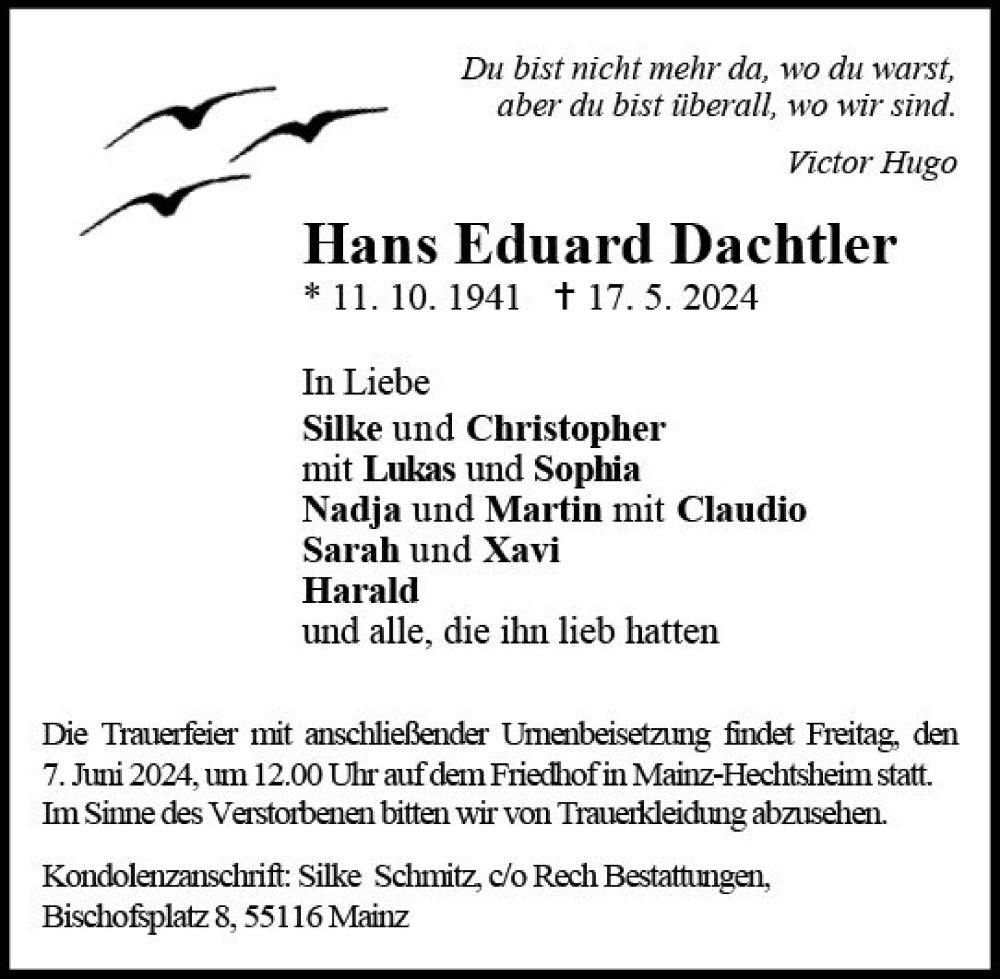  Traueranzeige für Hans Eduard Dachtler vom 25.05.2024 aus Allgemeine Zeitung Mainz