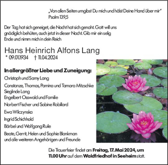 Traueranzeige von Hans Heinrich Alfons Lang von Darmstädter Echo