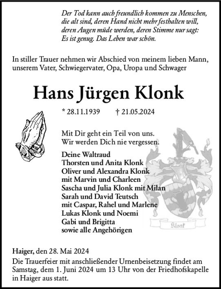  Traueranzeige für Hans Jürgen Klonk vom 28.05.2024 aus Dill Block