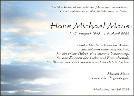 Traueranzeige von Hans Michael Maus von Wiesbadener Kurier