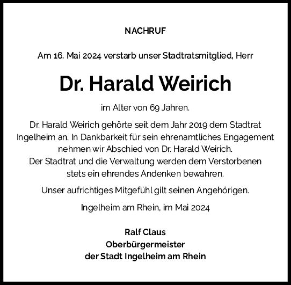  Traueranzeige für Harald Weirich vom 25.05.2024 aus Allgemeine Zeitung Bingen/Ingelheim