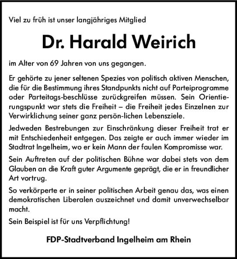  Traueranzeige für Harald Weirich vom 25.05.2024 aus Allgemeine Zeitung Bingen/Ingelheim