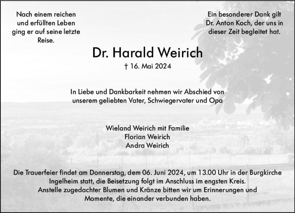  Traueranzeige für Harald Weirich vom 01.06.2024 aus Binger-/Ingelheimer Wochenblatt