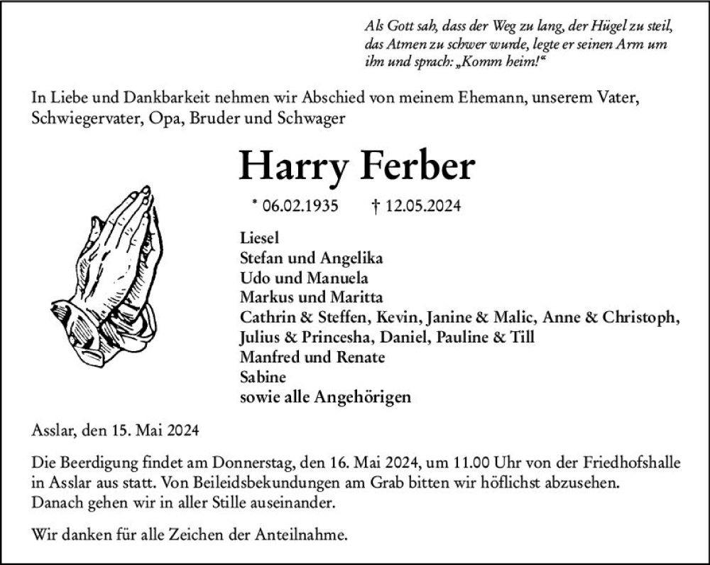 Traueranzeige für Harry Ferber vom 15.05.2024 aus Wetzlarer Neue Zeitung