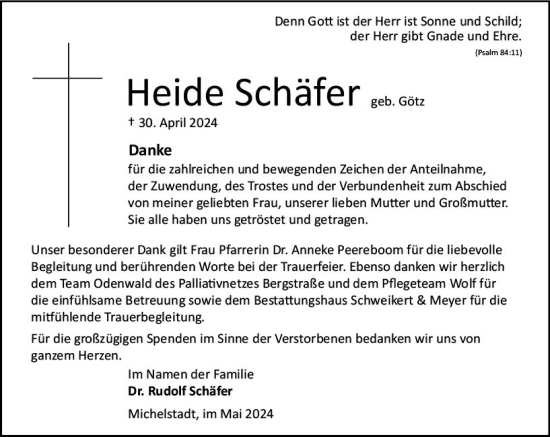 Traueranzeige von Heide Schäfer von Odenwälder Echo