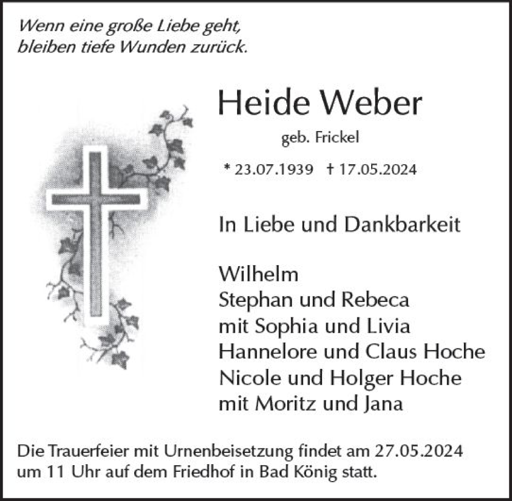  Traueranzeige für Heide Weber vom 25.05.2024 aus Odenwälder Echo