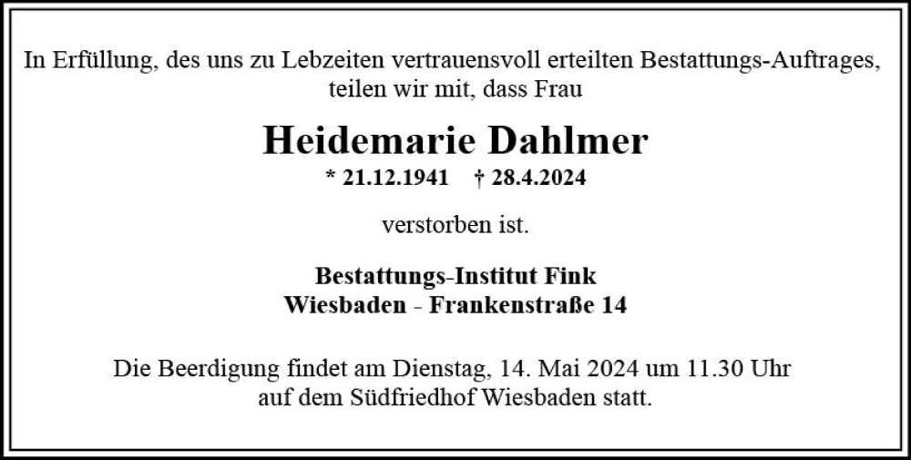  Traueranzeige für Heidemarie Dahlmer vom 04.05.2024 aus Wiesbadener Kurier