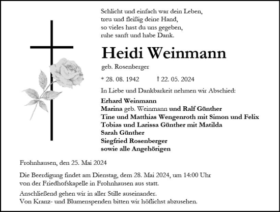 Traueranzeige von Heidi Weinmann von Dill Block