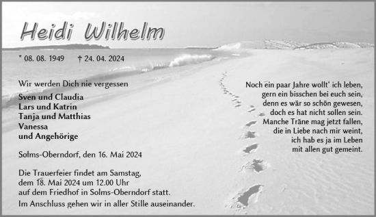 Traueranzeige von Heidi Wilhelm von Wetzlarer Neue Zeitung