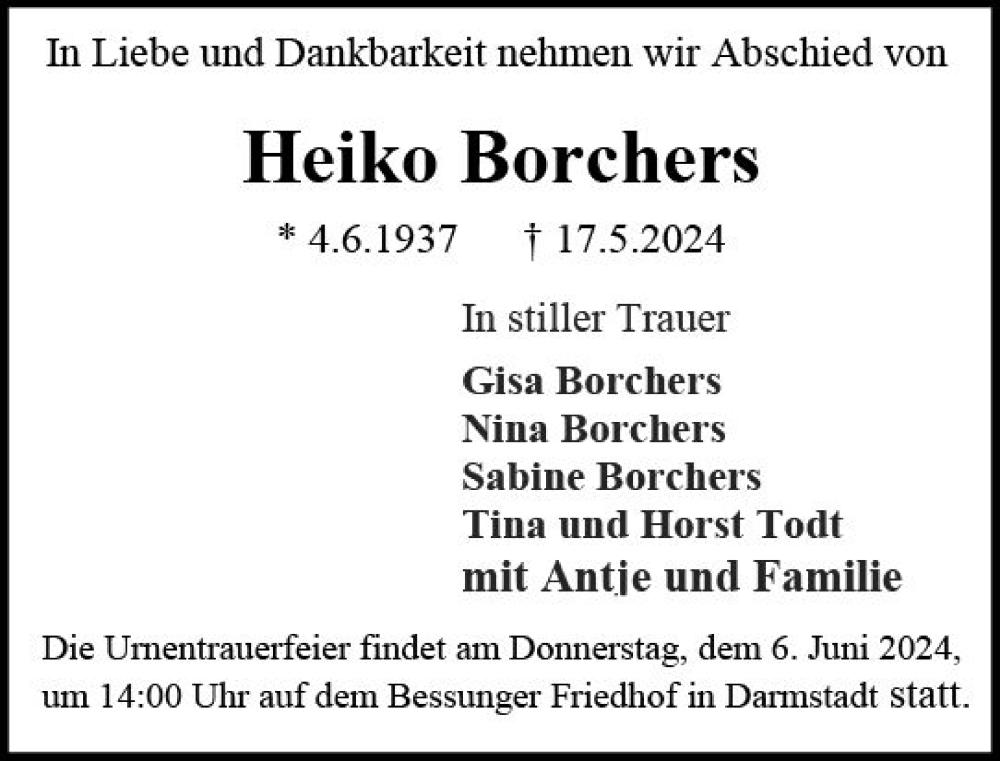  Traueranzeige für Heiko Borchers vom 01.06.2024 aus Darmstädter Echo
