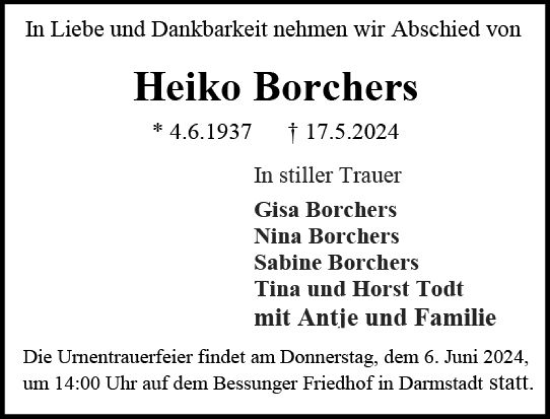 Traueranzeige von Heiko Borchers von Darmstädter Echo