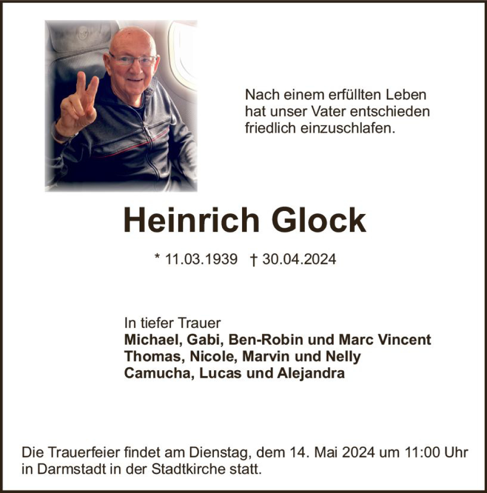  Traueranzeige für Heinrich Glock vom 11.05.2024 aus Darmstädter Echo