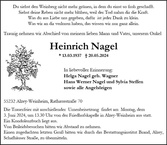 Traueranzeige von Heinrich Nagel von Allgemeine Zeitung Alzey