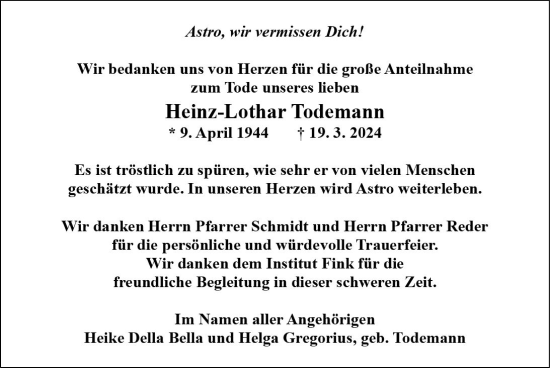 Traueranzeige von Heinz-Lothar Todemann von Wiesbadener Kurier