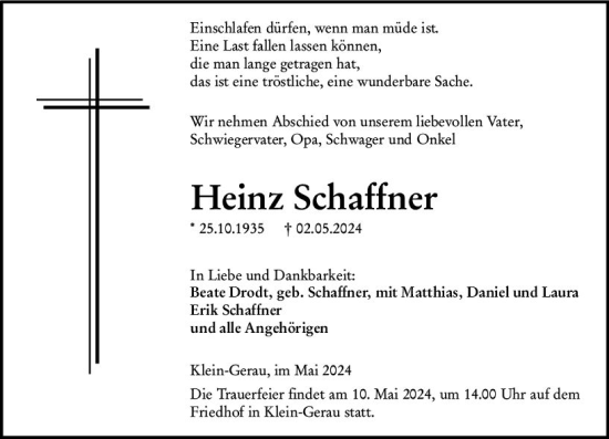 Traueranzeige von Heinz Schaffner von Groß-Gerauer Echo