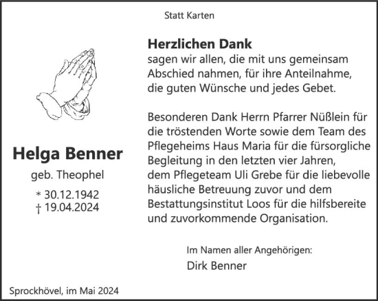 Traueranzeige von Helga Benner von Hinterländer Anzeiger
