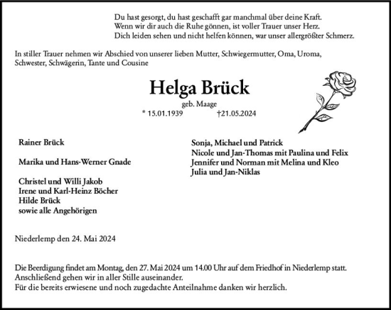 Traueranzeige von Helga Brück von Wetzlarer Neue Zeitung