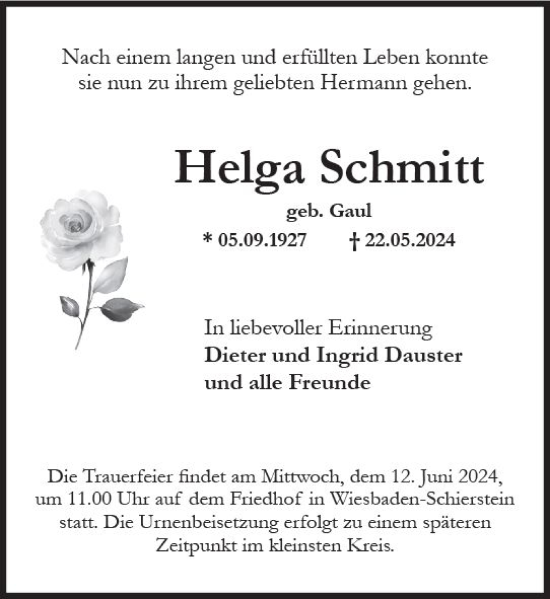 Traueranzeige von Helga Schmitt von Wiesbadener Kurier
