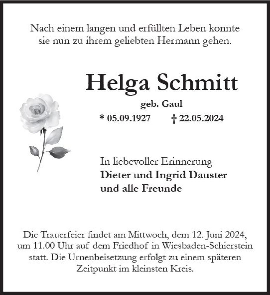  Traueranzeige für Helga Schmitt vom 25.05.2024 aus Wiesbadener Kurier