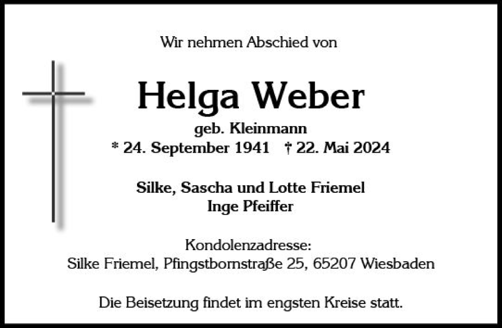  Traueranzeige für Helga Weber vom 25.05.2024 aus Wiesbadener Kurier