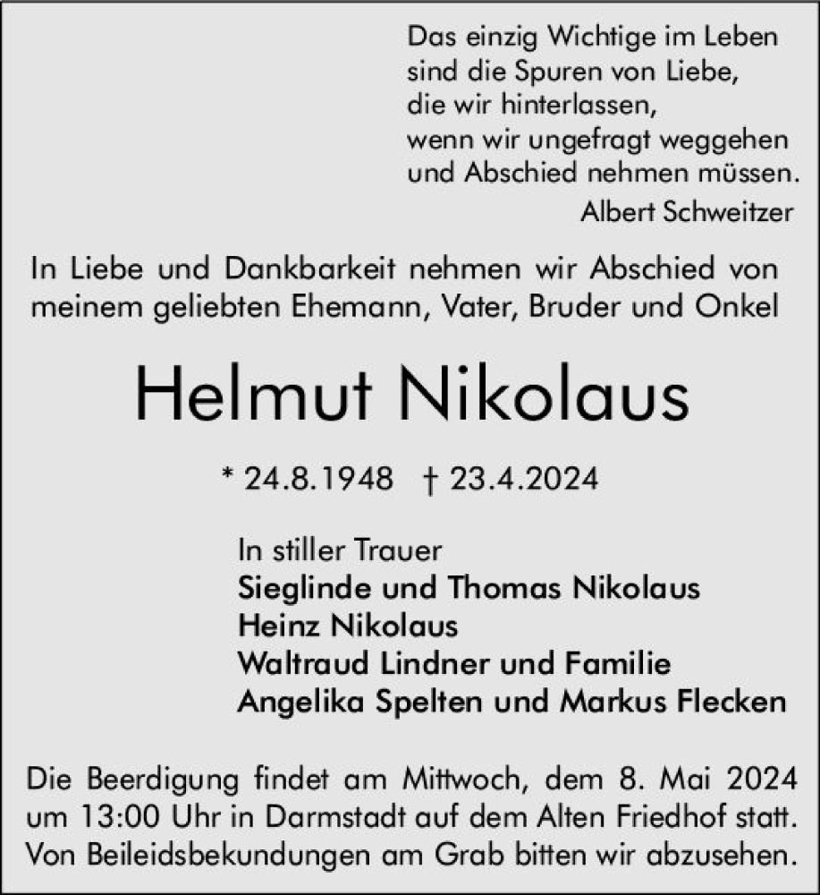  Traueranzeige für Helmut Nikolaus vom 04.05.2024 aus Darmstädter Echo