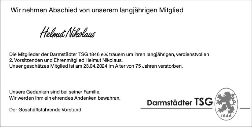 Traueranzeige für Helmut Nikolaus vom 04.05.2024 aus Darmstädter Echo