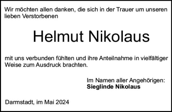 Traueranzeige von Helmut Nikolaus von Darmstädter Echo