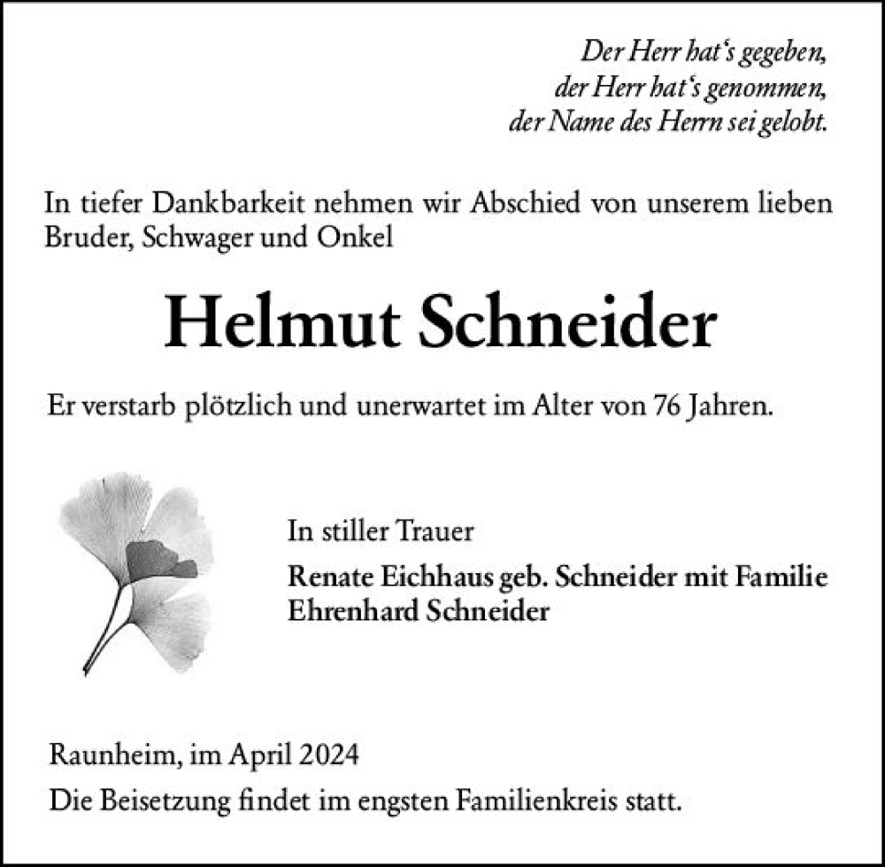  Traueranzeige für Helmut Schneider vom 04.05.2024 aus Rüsselsheimer Echo