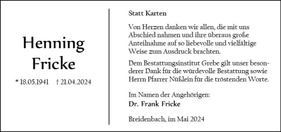 Traueranzeige von Henning Fricke von Hinterländer Anzeiger