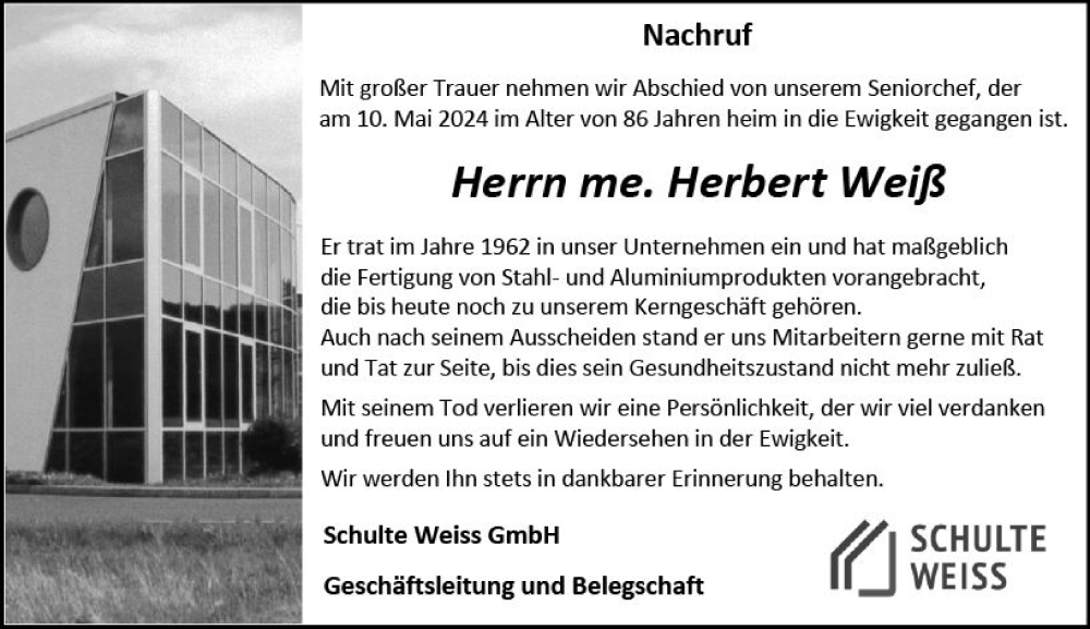  Traueranzeige für Herbert Weiß vom 14.05.2024 aus Dill Block