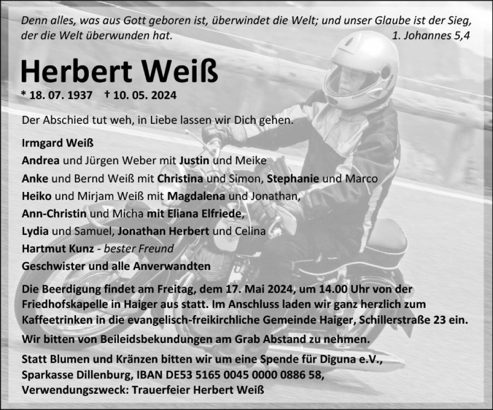  Traueranzeige für Herbert Weiß vom 14.05.2024 aus Dill Block