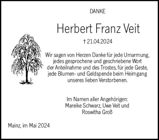 Traueranzeige von Herbert Franz Veit von Allgemeine Zeitung Mainz