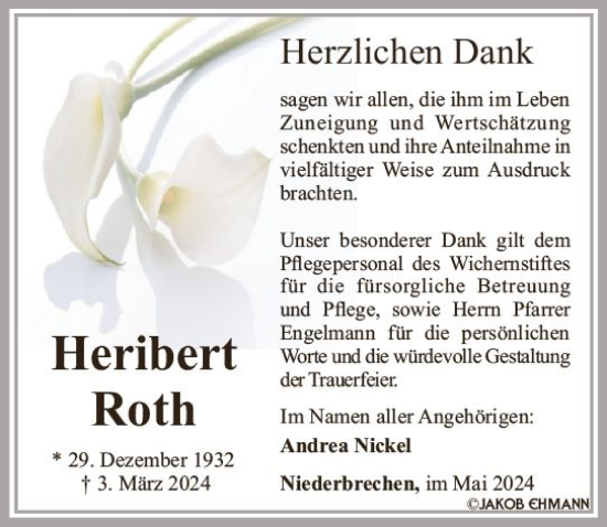 Traueranzeige von Heribert Roth von Camberger Anzeiger