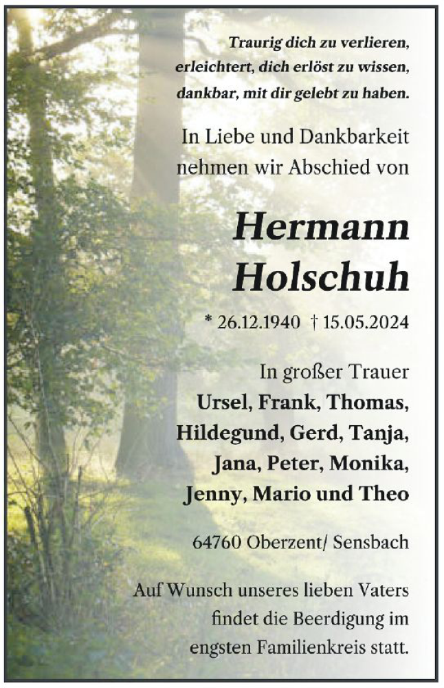  Traueranzeige für Hermann Holschuh vom 25.05.2024 aus Odenwälder Echo