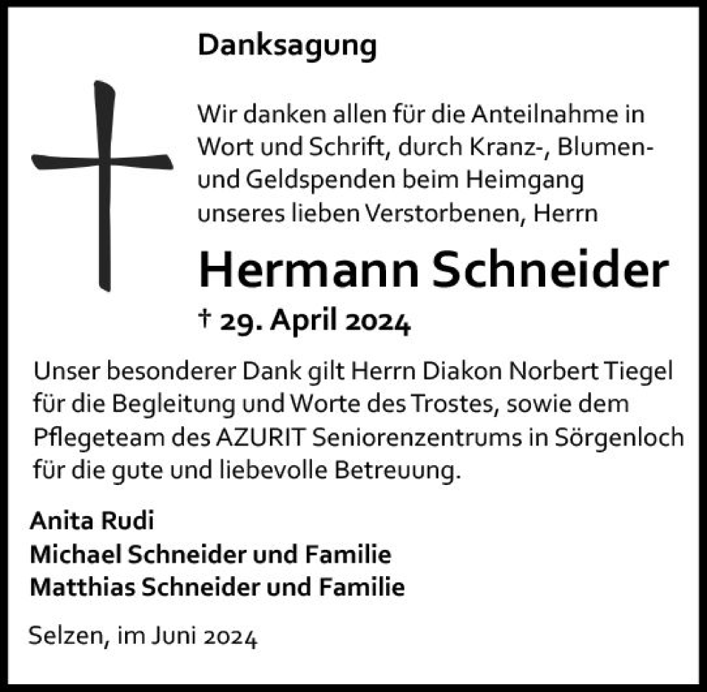  Traueranzeige für Hermann Schneider vom 01.06.2024 aus Allgemeine Zeitung Mainz
