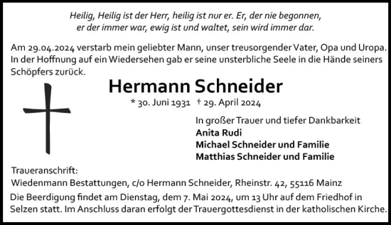 Traueranzeige von Hermann Schneider von Allgemeine Zeitung Mainz