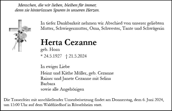 Traueranzeige von Herta Cezanne von Rüsselsheimer Echo
